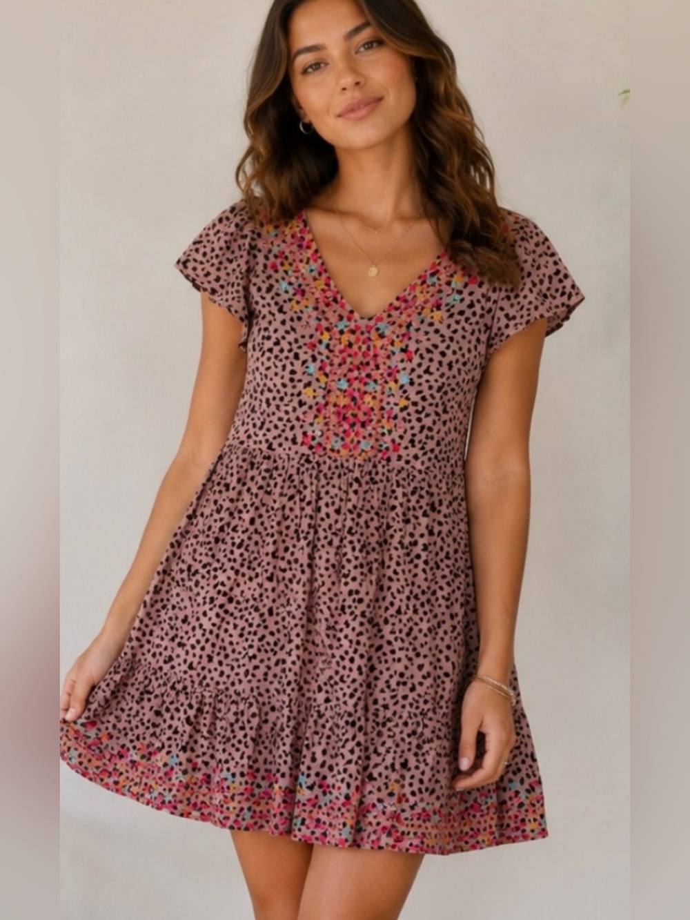 Savanna Jane Animal Print Tiered Embroidered Babydoll Boho Peasant Dress Sz M